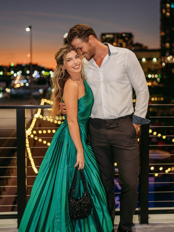 2025 New A Line One Shoulder Green Satin Long Prom Dress Evening Dress HZ1023